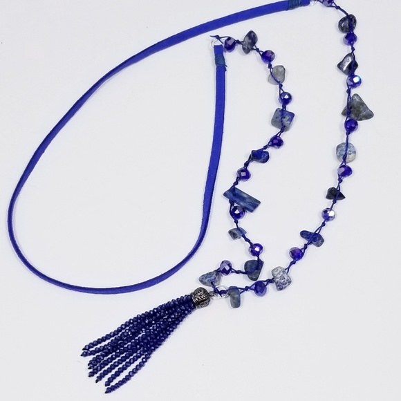 Blue Sodalite Stone & Crystal Suede Necklace - Picture 2 of 3